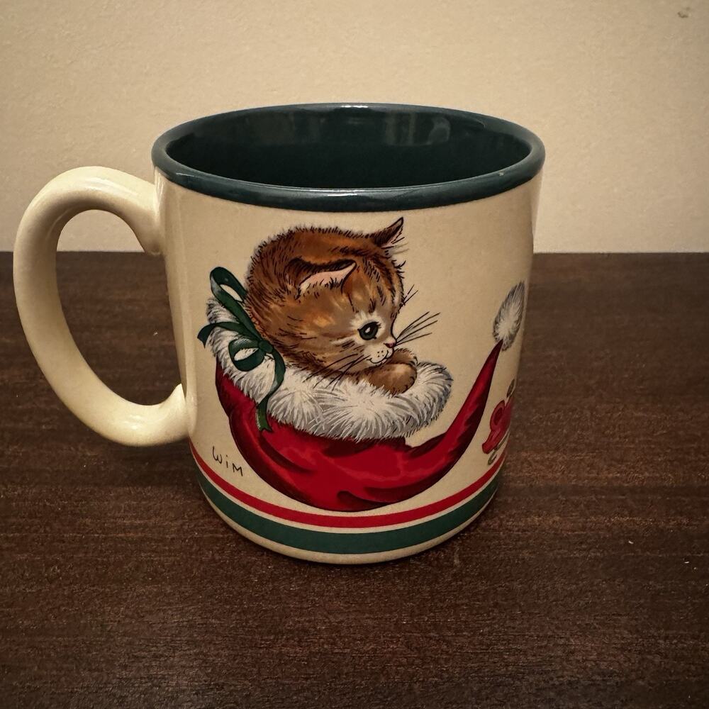 Christmas Kitten Vintage Mug Potpourri Press 1989 Made in Korea Cat Kitty Cup - Picture 2 of 11